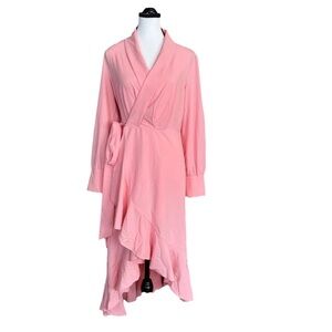 Halara Breezeful Dress Pink Ruffle Wrap High Low Small Long Sleeve V Neck *NWT